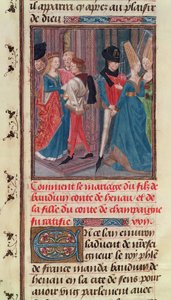 Ms 149 t.3 fol.105 Casamento de Baldwin VI e Marie, filha do Conde de Champagne, da Histoire des Nobres Princes de Hainaut, por Jacques de Guise de French School