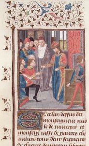 Ms 149 t.3 fol.95v Nomeação de dois cavaleiros, da história dos nobres príncipes de Hainaut, por Jacques de Guise de French School