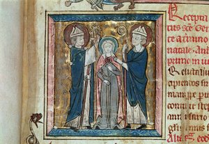 Ms 16261 f.1 Entronização de St. Genevieve, do Censier de l&39;Abbaye Sainte-Genevieve de French School