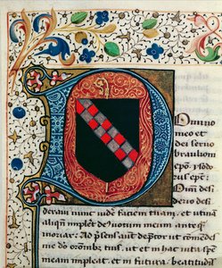 Ms 167 fol.69 Historiated inicial &39;D&39; representando o brasão de armas da família Clairvaux, de &39;Etymologiae&39; por St. Isidore of Seville de French School