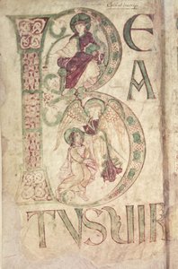 Ms 18 f.1v Historiated inicial B representando São João Evangelista e um Anjo, do Saltério de Corbie de French School