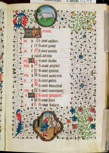 Ms 19 de março: Áries e um homem derrubando árvores, de um livro de horas, início do século XV de French School