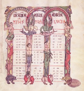 Ms. 1 Tabelas canônicas dos Evangelistas decoradas com animais fantásticos, do Evangelho de Saint-Michel-de-Cuxa, c.1070-1130 de French School