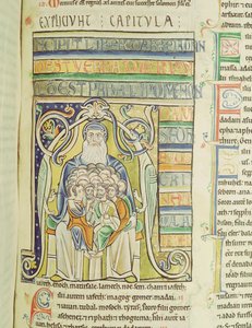 Ms 1 f.256 Carta historiada A, retratando gerações no seio de Abraão, da Bíblia de Souvigny de French School