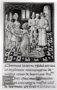 Ms. 1 fol. 6 v Isabella, da França, rainha da Inglaterra, tira licença de Guilherme I, conde de Hainaut, da Crônica de Froissarts de French School