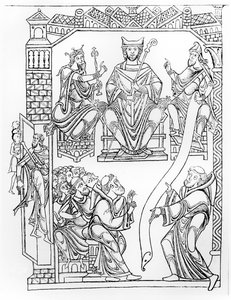Ms 210 fol 19v. Cartulário de Mont Saint-Michel: Duque Ricardo II da Normandia fazendo um presente de terras e privilégios para o mosteiro de Mont St. Michel, (gravura após um desenho da década de 1150) de French School
