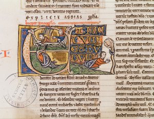 Ms 21 Fol.163v Historiated inicial E retratando Jonah sendo jogado no mar, de uma bíblia não especificada