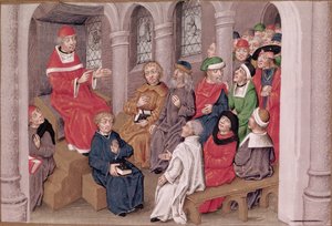 Sra. 230 fol.25 Jean de Gerson (1363-1429) pregando a Paixão depois do jantar na Igreja de São Bernardo, Paris, dos Sermões sobre a Paixão e Traços Diversos, c.1480 de French School
