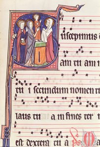 Ms 241 f.144 Historiated S inicial que descreve a apresentação de Jesus no templo, do Antiphonal para a consagração da igreja da abadia de Vauclair, 1257 de French School