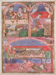 250f.24r St. Radegund (518-87) na mesa de Clothar I (497-561), em sua oratória e aos pés da cama real, da Vida de São Radegundo de French School