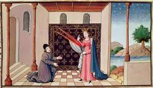 Ms 3045 fol.68v Lady Philosophy oferece a Boethius as asas que permitirão que sua mente voe no ar de French School
