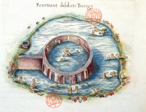 Ms 3242 Os Banhos de Bourbon-Lancy, ilustração de Generale Descrição du Bourbonnais por Nicolas de Nicolay, 1569 (wc no papel) de French School