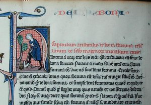 A Sra. 3458 Historiava o "H" inicial representando um homem cavando, da "Física" de Aristóteles (384-322 AC) (caneta, tinta e têmpera em velino) de French School