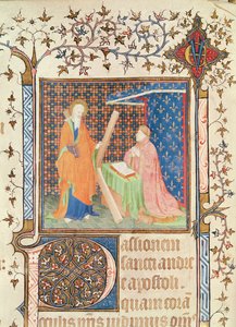 Ms 35 fol.17v Jean de France (1340-1416) Duc de Berry Rezando diante de Santo André, do Lecionário de Sainte-Chapelle de Bourges, c.1404-10 de French School