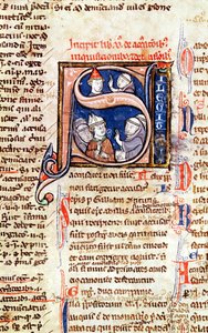 Ms 365 fol.350 Historiated S inicial representando o Papa Gregório IX (1220-50) com os bispos e abades, a partir do Decretals of Gregory IX de French School