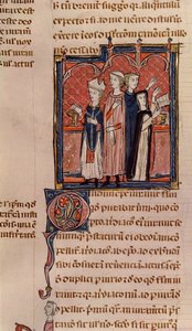 Ms 372 fol.59v Uma freira fazendo seus votos e missa realizada por um bispo, de Decrets de Gratien (ver 181276 para detalhes) de French School