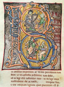 Ms3 fol.255 "B" inicial de Historiated representando o rei David, da "Bíblia de Saint-Sulpice de Bourges" de French School