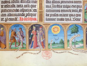 Ms 412 Livro de Horas com ilustrações de peregrinos, judeus. sol, lua e murta de French School