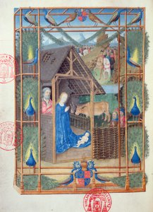 Ms 473 A Natividade com pavões, miniatura da Heures de Charles de France, c.1466-69 de French School