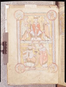 Ms 512 fol.4v São Gregório Magno (c.540-604) entre seu pai, Gordien, e sua mãe, Silvia e um homem afogado como um anjo, de Liber Pastoralis de French School