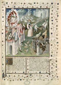 Ms 55 t.2 fol.3 A Cidade de Deus, a Cidade de Caen e a Cidade dos Vícios, de La Cité de Dieu por Santo Agostinho de Hipona (354-430) traduzido por Raoul de Preles (1316-82) de French School