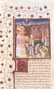 55.111v Nimrod Supervisionando a construção da Torre de Babel, de La Cité de Dieu por Santo Agostinho, traduzida por Raoul de Presles (1316-82) c.1400-50 de French School