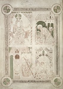 Ms 616 f.1v Santo Agostinho aos Pés de Cristo e o Escriba Alardus Oferecendo seu livro a St. Vaast, frontispício de Confissões de Santo Agostinho de French School