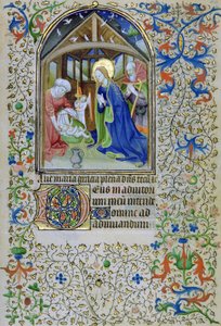 Ms 66 f.44r A Virgem e José adoram o recém-nascido Cristo, de um livro de horas, Amiens de French School