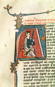 Ms 682 fol.17v Historiated inicial A representando um rei sentado segurando uma espada de dois gumes de French School