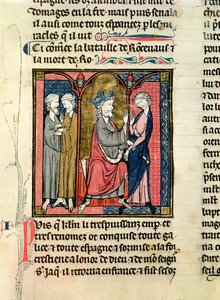 Ms 782 f.152r Charlemagne (742-814) enviando Ganelon aos Reis Saragossan, Marsile e Baligant, das Chroniques de Saint-Denis, c.1275 de French School
