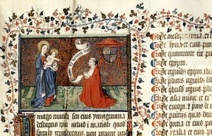 954 Pierre dAilly (1350-1420) Bispo de Cambrai, diante da Virgem, de Oeuvres por Pierre dAilly, c.1416 de French School