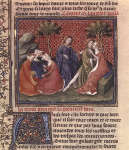 Sra. Fr 118 fol. Página 219v da busca pela morte do Santo Graal e Arthurs, parte do manuscrito Lancelote do lago de French School