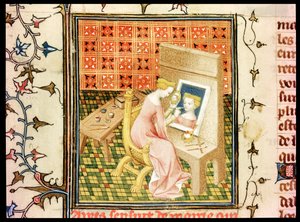 Sra. Fr 124220 fol.101v St. Marcia (d.632) Pintando um auto-retrato, de Claris Mulieribus, de, por Giovanni Boccaccio (1313-75) de French School