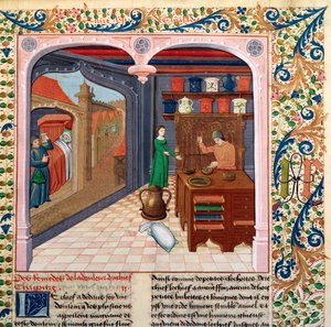 Pe. 218 fol.111 Um paciente em sua cama e um farmacêutico preparando remédio, de O Livro das Propriedades das Coisas, de Barthélemy lEnglish de French School
