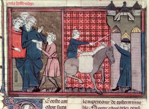 Sra. Fr 22495 Fol.37v Mensageiro sendo enviado para salvar Antioquia, de Le Roman de Godefroi de Bouillon, 1337 de French School