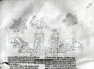 Sra. Fr 343 f.79 Armando um cavaleiro em um campo de batalha, de Lancelot du Lac de French School