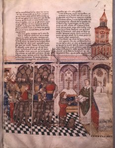 Sra. Fr 343 fol. 7 A busca pelo Santo Graal e Arthurs morte, cavaleiro fazendo o juramento de French School
