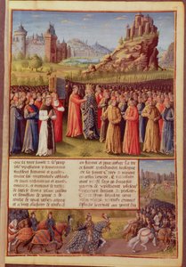 Fr. Pe 5594 f.138 São Bernardo (c.1090-1153) de Clairvaux pregando a Segunda Cruzada na presença do Rei Luís VII (c.1120-80) da França em Vezelay em 1146, de Passages faits Outremer escrita de French School