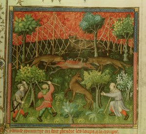 Pe. 616 fol.111 Wolf caça com a ajuda de redes, do Livre de la Chasse por Gaston Phebus de Foix (1331-1391) de French School
