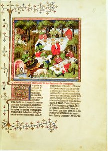 Sra. Fr 616 fol.67 Caçadores festejando antes da caçada, de Livre de la Chasse por Gaston Phebus de Foix (1331-1391) de French School