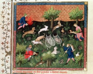 Fr. 616 fol.92 Lebres de caça, do Livre de la Chasse de Gaston Phebus de Foix (1331-91), final do século XV de French School