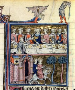 Sra. Fr 95 f.326 Rei Arthur e seus cavaleiros em volta da mesa, de Histoire de Merlin, c.1280-90 de French School