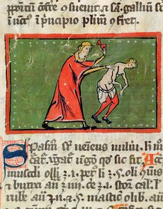 Ms H 89 Médico tratando os pacientes de volta, de uma edição do Livro de Cirurgia de Rogier de Salerne de French School