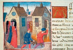 Sra. Hunter 252 f.75v Burning House, da revista The Hundred News, 1462 de French School