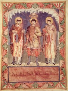 Ms Lat 1141 fol.2v A Coroação de Carlos II (823-877) com os Arcebispos de Reims e Treves, do Sacrário de Metz (ver também 159999) de French School