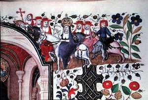 Lat 1156b Fol.167 Detalhe do Papa em sua mula com sua comitiva, de uma ilustração de São Pedro, das Horas de Marguerite d