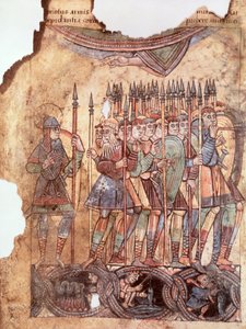 Ms Lat 1390 fol.7v Soldados de infantaria nas Cruzadas, de La Vie de Saint Aubin dAngers de French School