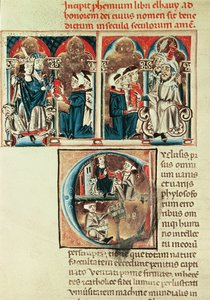Senhora Lat. 6912 fol.1v Um estudioso judeu apresentando uma tradução de um tratado árabe para Philippe dAnjou de French School