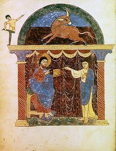 Ms Lat 8878 fol.3v Jesus apresentando o evangelho a São Lucas, de um Comentário sobre o Apocalipse do monge asturiano Beato de Liebana (c.776) c.1028-72 (vellum) de French School