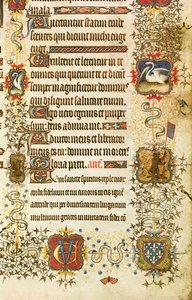 Lat 919 fol.96 Detalhe dos brasões e decoração animal, de St. Peter Leading Jean de France (1340-1416) Duque de Berry ao Paraíso, das Grandes Heures de Duc de Berry de French School